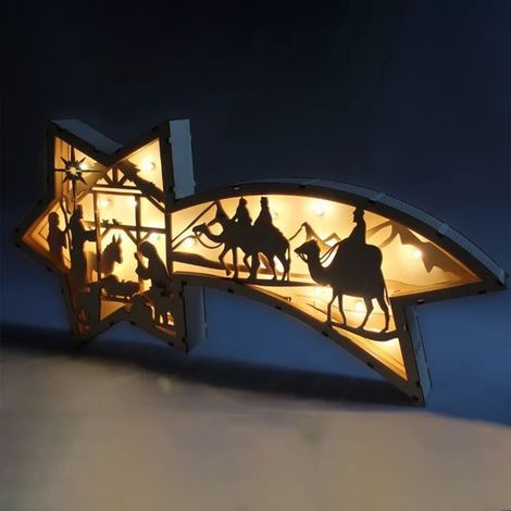 Nativity Scene - Wooden Star Decoration With LED Lights - Christmas Table Ornaments - Religious Home Decor - 25 X 13 Cm - 1 Piece (1/5)