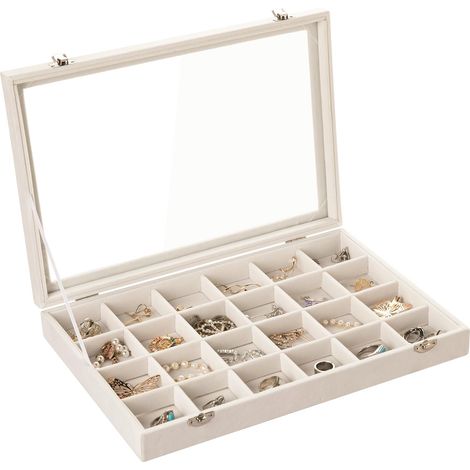 plateau de bijoux 24 compartiments en velours avec couvercle vitré beige (1/5)