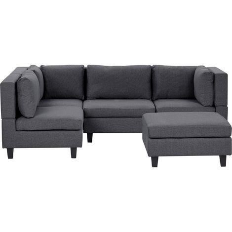 Sofá modular esquinero moderno 4 plazas tapizado tela patas negras respaldo acolchado derecho con otomana gris oscuro Unstad