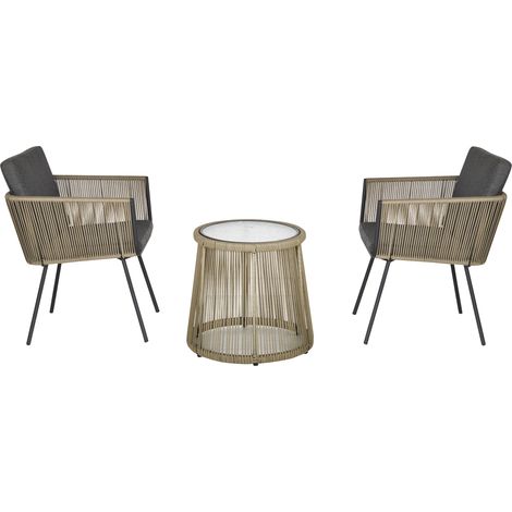 Salon 3 pièces 2 chaises table d'appoint plateau verre trempé rotin synthétique gris avec coussins