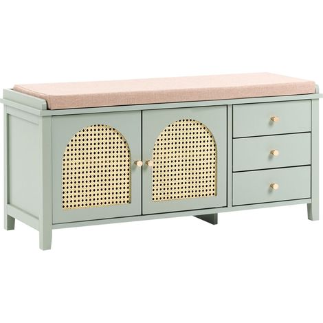 Storage Shoe Bench Mint Green MDF Engineered Wood PE Rattan 3 Drawers 2 Shelves Padded Seating Boho Style Hallway BENDIGO (1/5)