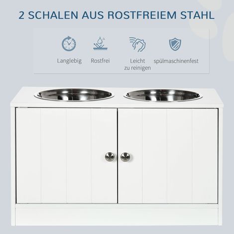 Station de repas pour chien, 2 gamelles en inox, niche avec rangement 44L, portes magnétiques, blanc, 60x30x35,5 cm (1/5)