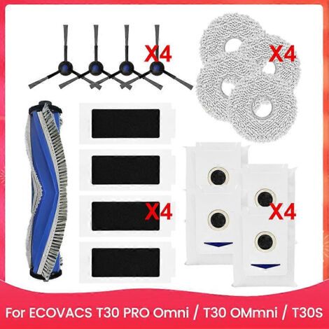 Accessoires de rechange pour aspirateurs Ecovacs séries T30 PRO Omni / T30 OMmni / T30S : brosse principale/latérale, filtre HEPA et sac à poussière.