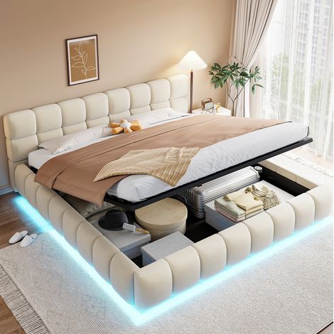 DESVIAE Lit rembourré 180 x 200 cm avec rangement hydraulique LED tête de lit et côtés rembourrés en velours beige (1/5)