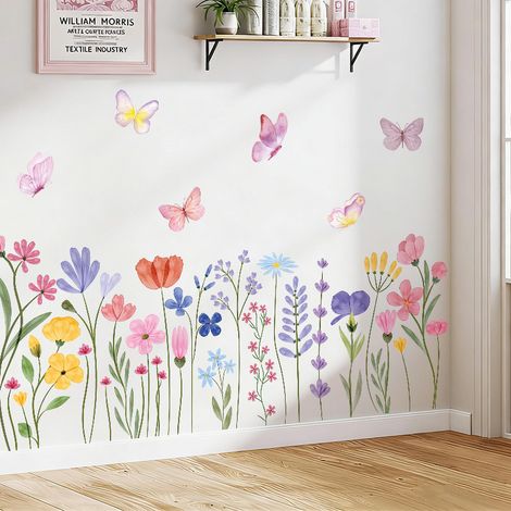 JSSEVN-2 Stück Blumen-Wandaufkleber, selbstklebende Wandtattoos mit wilden Blumen und Schmetterlingen, Wanddekoration für Wohnzimmer und Küche (1/5)