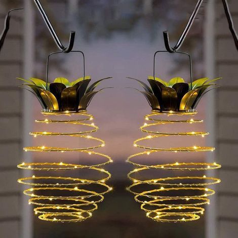 Lot de 2 lanternes solaires suspendues d'extérieur – Lampe solaire ananas étanche à 60 LED pour jardin, cour, porche, pelouse, arrière-cour