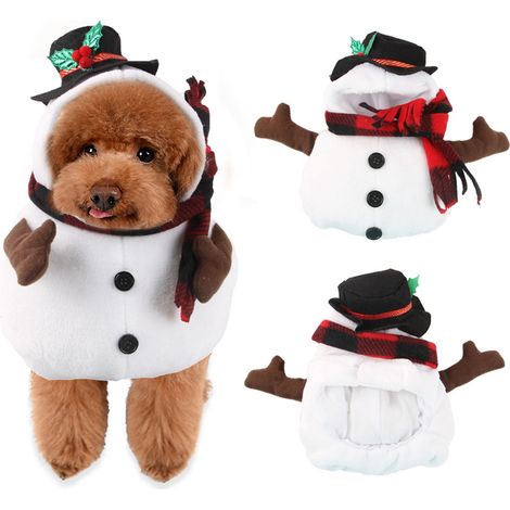 1 Déguisement bonhomme de neige, costume debout avec chapeau, écharpe rayée, pour chien et chat (1/5)