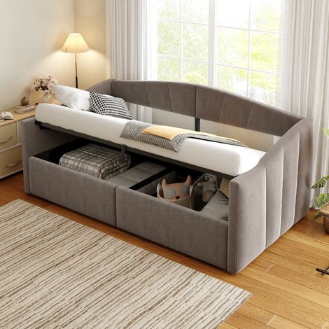 Cama tapizada individual con almacenaje gris OKMYHOME (1/5)