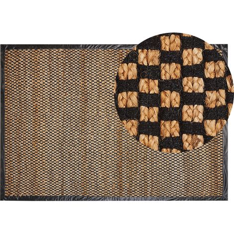 Alfombra rústica yute algodón cuero rectangular 140 x 200 cm cuadriculada tejida a mano negro y beige Gerce (1/5)