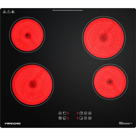 Plaque Vitrocéramique FIREGAS 4 Feux 60cm 6000W, 9 Niveaux de Puissance, Minuterie 1-99 min, Pour Toutes Casseroles