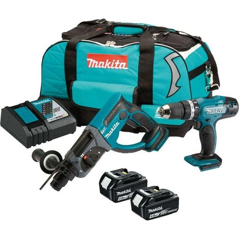 Makita DLX2025M Cordless 18V LXT Twin Set SDS Plus Hammer Drill, Combi Drill With 2x4Ah Batteries, Charger and Canvas Bag