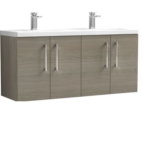 Balterley Bramshall 1200mm Wall Hung 4 Door Vanity Unit with Double Basin for Modern Bathroom Storage - Solace Oak