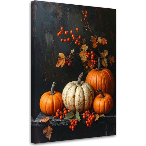 Stampe su Tela, Composizione autunnale con zucche decorazione in colori caldi su sfondo scuro, 20x30 (1/5)
