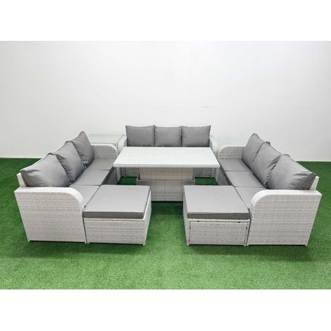 Fimous PE Rattan Lounge Sofa Set 11 Seater Outdoor Garden Furniture Set with Adjustable Lifting Dining or Coffee Table 3 Seater Sofa 2 Big Footstools Side Table Light Grey (1/5)