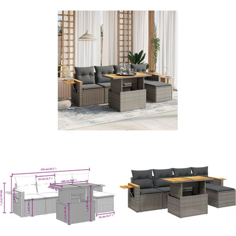 Salon de jardin 6 pcs avec coussins gris résine tressée - Ensemble Salon De Jardin - Meuble Extérieur - Résine Tressée - Rotin Synthétique - Table Extensible - Home & Living (1/3)