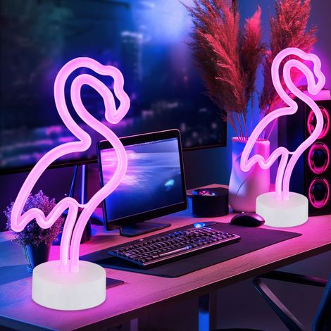 Lampe de table néon Flamingo Chambre d'enfant Lampe néon décorative Batterie, plastique blanc, LED 2W rose, H 33 cm, lot de 2