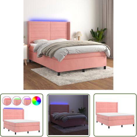 The Living Store Sommier à lattes de lit matelas et LED Rose 140x200 cm Velours - Lit Plateforme - Lit Capitonné - Lit Design - Lit Double - Sommier Tapissier (1/5)