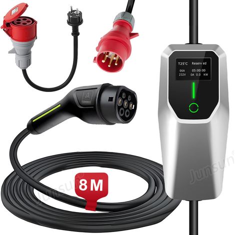 Câble de recharge Type 2 16A 11kW triphasé 8m portable 1adaptateur JUNSUN (1/5)