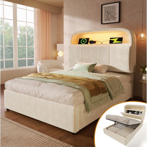 MEUBLIV Cama 90x200 cm beige con cabecero elevable, LED y USB, sin colchón (1/5)