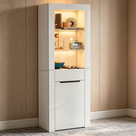 Armoire vitrée LED lumineuse, étagère de rangement pour livres, classeur sur pied, meuble de salon/cuisine/bureau/salle à manger, blanc. (1/4)