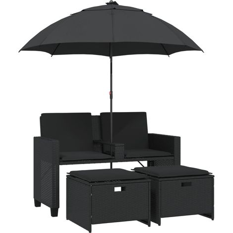 Maison Exclusive - Divano Giardino 2 Posti Ombrellone e Sgabelli Nero Polyrattan