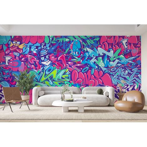 Papier peint graffiti - fresque de street art bleue et rose - 150 x 250 cm (1/2)