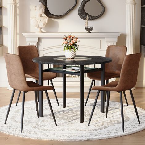 DESMIU Table de salle à manger ronde avec plateau en verre et 4 chaises, pour salon, MDF, brun et noir, 100 cm (1/5)
