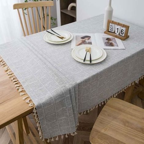 (Grau) Rechteckige karierte Tischdecke 140 x 220 cm – 100 % Polyester – mit Quaste – wasserabweisend, knitterfrei, waschbar – Grau (1/4)
