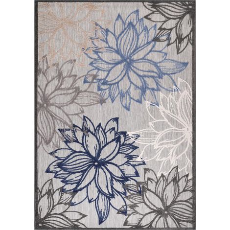 Tapis extérieur kilim 80x200 gris et bleu rectangle CHIMEKO