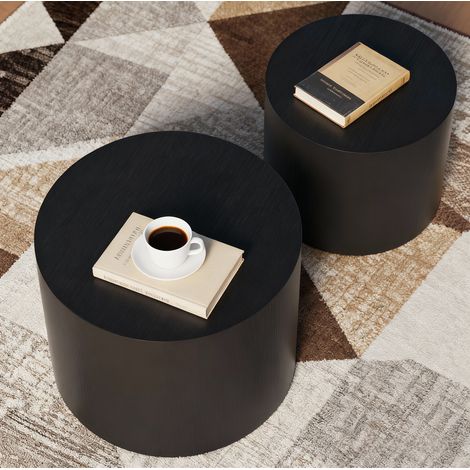 Set de 2 tables d'appoint rondes en MDF noir, diamètres 38 et 48,5 cm. Compact et gain de place, idéal pour le salon FloraGrace (1/5)