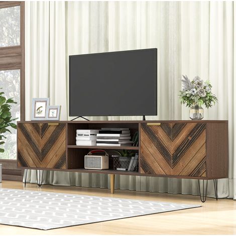 Mueble TV 155x38x48 cm natural en tablero de partículas con 2 puertas y patas de hierro (1/5)