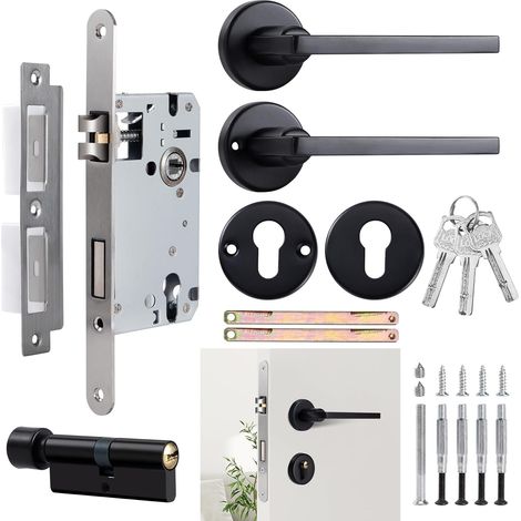 Ensemble Poignée de Porte Extérieure avec Serrure à Clé - Cylindre Européen - Systeme de Verrouillage pour Porte d'Entrée, Garage - Noir (1/5)