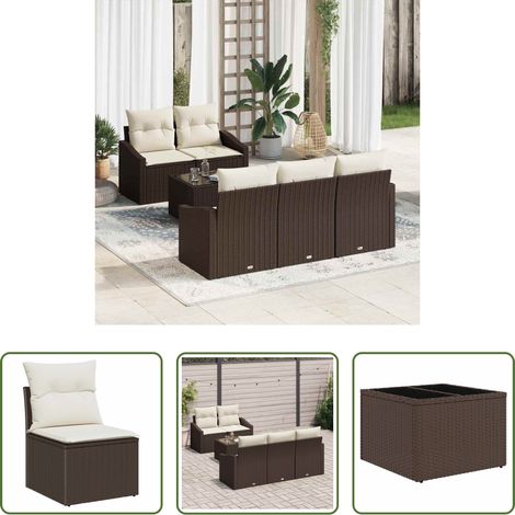 Poly-Rattan - Sofa Set mit Kissen 6 pcs Braun und Creme Poly-Rattan (1/5)