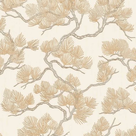 Cream Gold Pine Tree Wallpaper Textured Embossed Metallic Paste The Wall Vinyl (1/3)