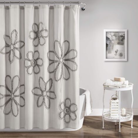 Rideau de Douche à Volants Motif Floral Shabby Chic Style Rustique Blanc 72 x 72 cm, Polyester, Gris Clair, 72 inches x 72 inches (1/5)