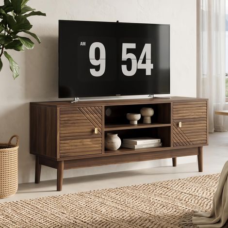 Meuble TV 110 cm Bois Marron - 2 Portes et Niches Ouvertes, Pieds en Bois Massif - Meuble TV moderne pour salon et chambre (1/5)