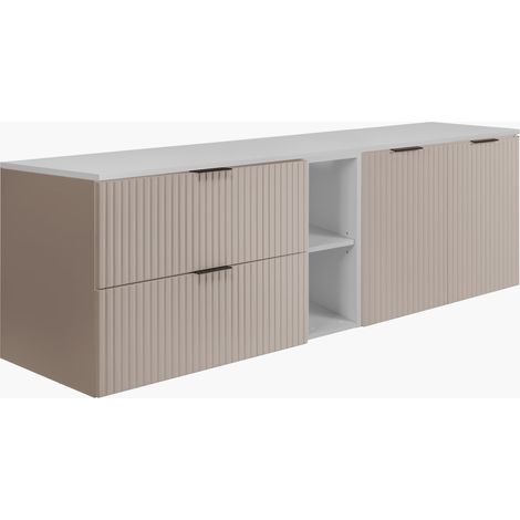 Set da bagno: mobile con cassetti, mobile con ante e ripiano 57×46×180 cm, colore: bianco / cashmere, maniglia nera (1/5)