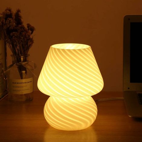 Mushroom Lamp, Vintage Striped Style Translucent Murano Glass Table Bedside Lamps Small Mushroom Night Decor Swirl Light for Atmosphere (White Striped) (1/5)