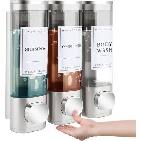 3er-Set Seifenspender zur Wandmontage, kein Bohren erforderlich, gleichmäßige Flüssigkeitsverteilung, auslaufsicher, geeignet für Shampoo, Duschgel, Flüssigseife, Spülung, silberfarben (1/5)