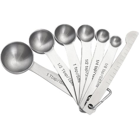 Juego de 6 cucharas medidoras con regla para ingredientes secos y líquidos. Utensilios de cocina y repostería de acero inoxidable resistentes al calor. (1/5)