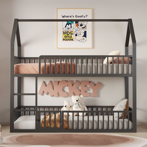 Etagenbett Hausform 90x200 cm Metall Schwarz mit Frontleiter, Sicherheitsgeländer und unterer Tür (1/5)