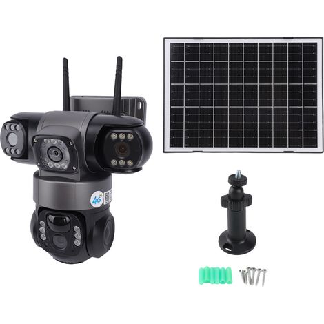 Ortviai Caméra de sécurité solaire 4G avec triple objectif 2MP, détection de mouvement IA, PTZ et communication bidirectionnelle