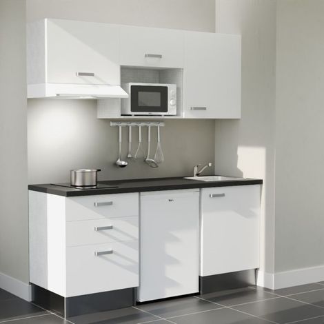 Kitchenette K20L-PT - 180 cm - plan stratifié, évier inox, - Façade Blanc - Plan Noir texturé - Evier Inox - Crédences Non + Electroménager inclus coloris Blanc