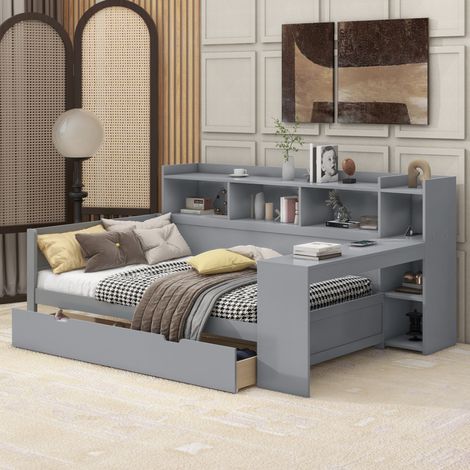 Letto bambini 90x200 cm con comodino e vano portaoggetti, porta USB, 2 cassetti e scrivania, senza materasso, grigio (1/5)