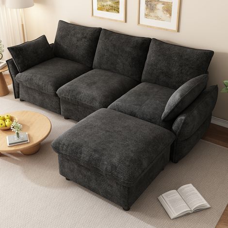 CHICFURN Sofá esquinero 3 plazas 222,5 x 154,5 cm chenilla gris oscuro con otomana y 2 cojines (1/5)