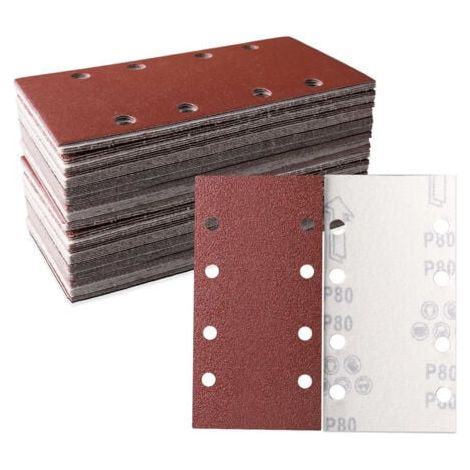 Lot de 50 feuilles abrasives 93 x 185 mm Papier abrasif carré auto agrippant 8 trous 80 grains Idéal pour ponçage, polissage et dérouillage Convient pour ponceuse rectangulaire (1/4)
