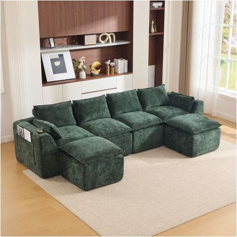 Canapé Modulable 322x161x75cm Tissu Chenille Vert - Canapé d'angle - 4 Places, 2 Poufs, Porte-Gobelet, Poches, Mousse+Ressorts (1/5)