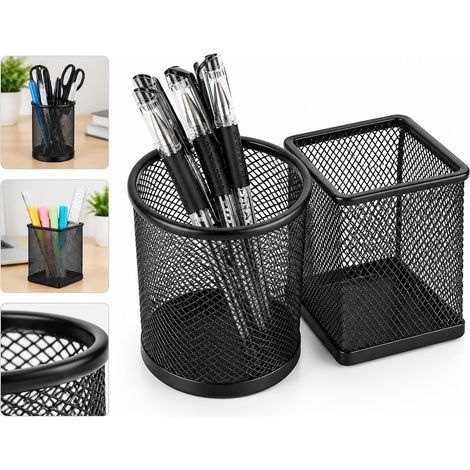 2 Pièces Pot à Crayons Métal Ajouré Rond et Carré Ø 9,1 x 9,8 cm et 8 x 8 x 9,8 cm Bureau Domicile Étude Télétravail Atelier (1/5)