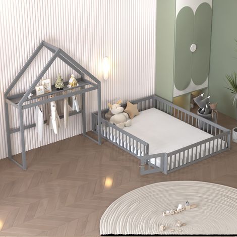 Lit enfant 140 x 200 cm bois massif gris avec barrières de sécurité, portes et espace de rangement (1/5)