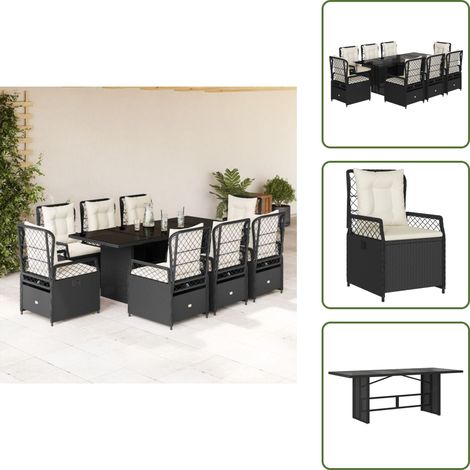 9-tlg. Garten-Essgruppe mit Kissen Schwarz Poly Rattan - Gartentisch - Gartenmöbel Set - Outdoor Möbel - Esstisch - Gartenlounge (1/5)